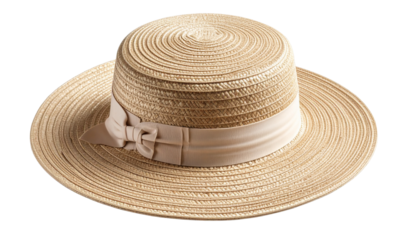 Elegant woven straw boater hat with decorative ribbon isolated on transparent background PNG