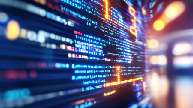 Digital World: Coding on screen, representing the essence of data processing and advanced technology, with lines of code lighting up a digital world.