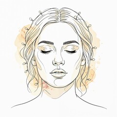 Elegant line drawing of a serene woman with closed eyes and creative hairstyle on watercolor splashes. Artistic representation emphasizes beauty and calmness, perfect for design and wellness concepts.