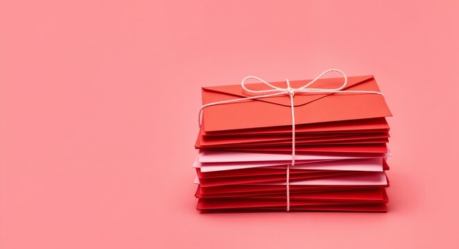 Stack of red envelopes tied with twine on pink background for heartfelt messages. Colorful stack of envelopes creates a charming display ideal for celebrations like Valentine's Day. - Powered by Adobe