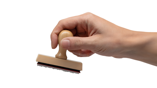 Hand holding wooden stamp for validation and approval . Isolated on transparent background, png