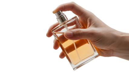 hand holding glass perfume bottle and spraying scent  . Isolated on transparent background, png