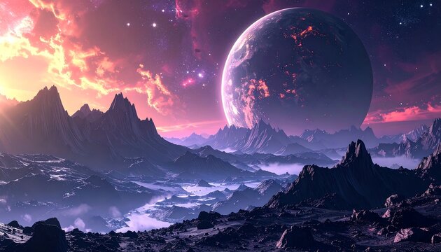 Epic digital art depicts a planet rising over alien mountain terrain with a colorful nebula background and a celestial sun