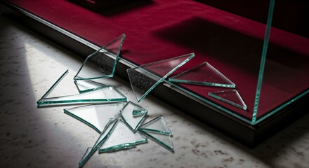 Broken glass pieces scattered on floor near display case with red velvet background. Shattered glass fragments reflect surrounding light and create intriguing patterns.