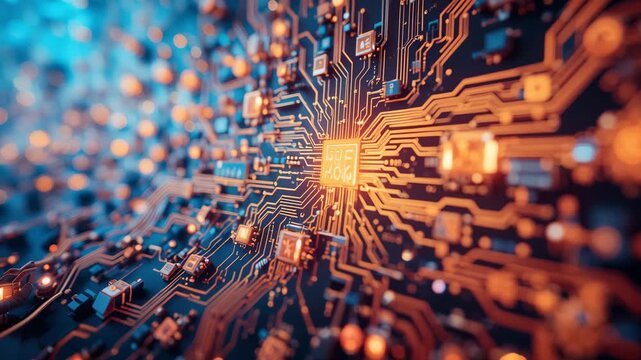 A dynamic abstract technology background features a binary code pattern over a green circuit board design