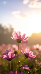 Pink cosmos flowers glowing in the warm golden sunset light.