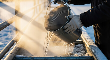 A farmer pours hot water into a Cow trough with ice, a practical image for blogs about winter farm management and animal care solutions.