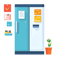 Office Refrigerator with Task Checklist and Green Plant in a Pot Illustration