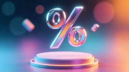 Glossy percent sign above podium on gradient bokeh background for discount banner