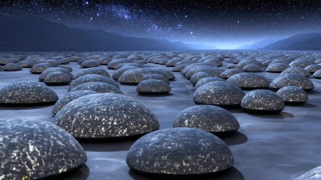 Abstract landscape of rounded stones under a starry night sky