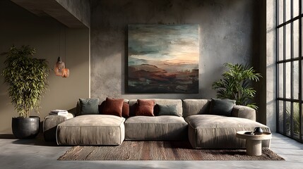 Spacious, modern living room with concrete floors, featuring a large, comfortable modular sofa with cushions in muted earth tones and a large abstract painting.