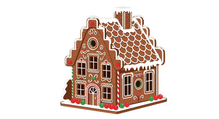 A charming flat design illustration of a gingerbread house crafted in the distinctive architectural style of Bruges, complete with festive icing and candy decorations. 