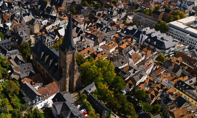 Aerial View of Historic European Town with Church Tower