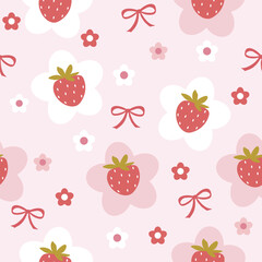seamless strawberry on flower  pattern  with bow and flower around , vector , illustration