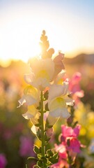 Golden hour sunlight illuminates a beautiful snapdragon flower in a garden.