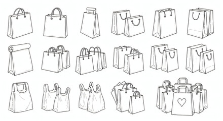 Line Art Illustration of Various Shopping Bags Collection