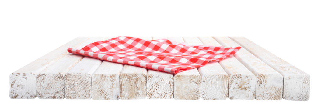 Red abric cloth or placemat on white rustic wood table top background.For montage product display or design key visual layout