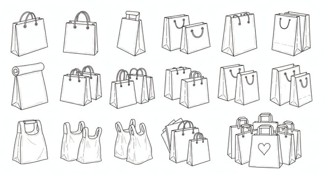 Line Art Illustration of Various Shopping Bags Collection