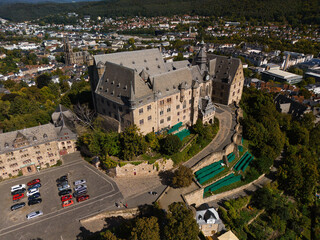 Aerial View of Historic Castle and Cityscape