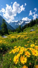 Vibrant yellow wildflowers blooming in a lush green alpine meadow with snow capped mountains.
