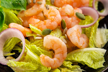 Shrimp salad seafood tasty snack fresh delicious gourmet food background on the table rustic top view copy space keto and paleo diet vegetarian food pescetarian diet