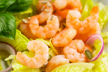 Shrimp salad seafood tasty snack fresh delicious gourmet food background on the table rustic top view copy space keto and paleo diet vegetarian food pescetarian diet