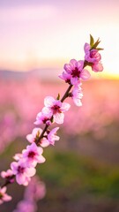 Delicate pink spring blossoms on a branch during a beautiful sunset.