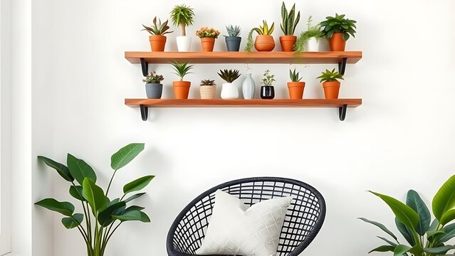 Indoor plants on shelves and in pots near a chair against white wall