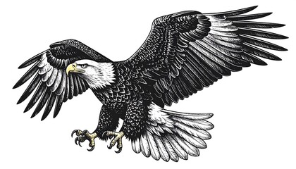 Detailed monochrome illustration of an eagle in mid-flight, with its wings spread wide and talons extended. The eagle's head is turned slightly