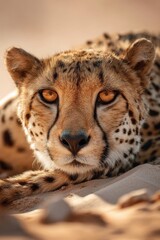 Intense Cheetah Gaze: Close-up Portrait Lying on the Ground