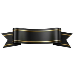 Black ribbon banner with gold trim, isolated on transparent background