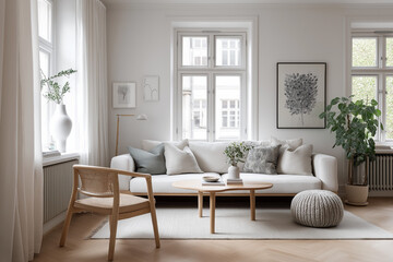 Fototapeta premium Cozy Scandinavian living room minimalist design soft