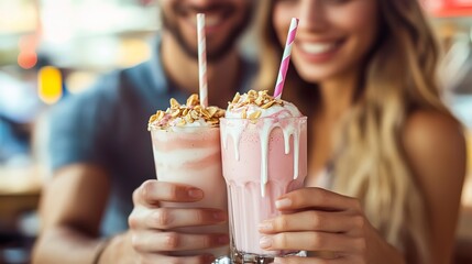 Couple sharing delicious milkshakes at a lively cafe during a sunny afternoon