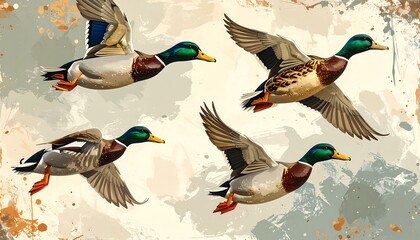 Digitally rendered illustration depicts four male ducks in flight, showcasing colorful plumage against an abstract watercolor-like background