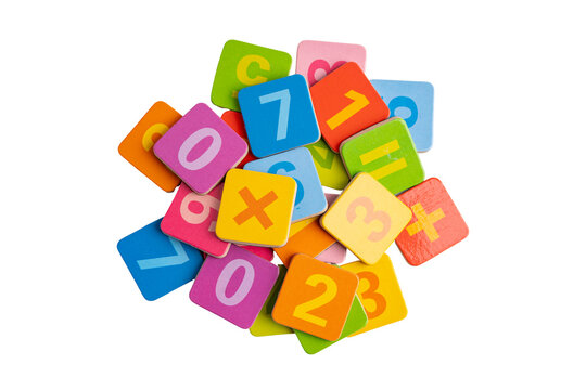 Number wood block cubes for learning Mathematic, education math isolated on white background.