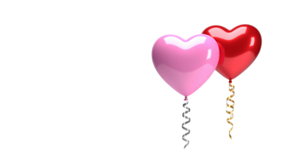 3D Couple Heart Balloons with Ribbon Strings isolated on transparent background