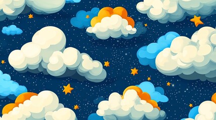 Colorful clouds and bright stars create a whimsical night sky scene with cheerful tones and playful shapes