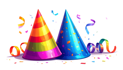 3D Colorful Party Hat Set with Streamers isolated on transparent background