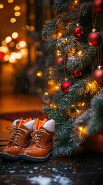 Close-up of kids boots by the door, filled with carrots for St Nicholas horse. Christmas tree, light, and decorations in background