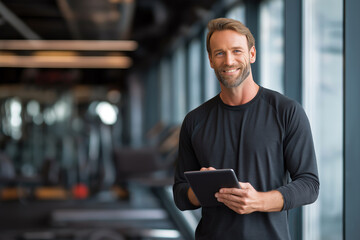 Portrait of confident fitness coach holding tablet in modern gym, clean design, professional look