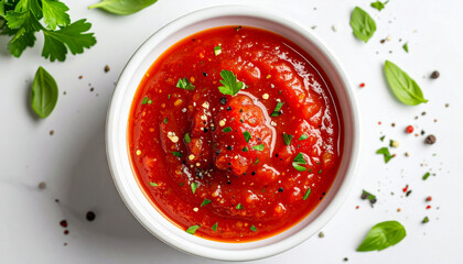 Fresh homemade tomato sauce in white bowl, top view, herbs and spices, elegant Italian food
