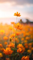 Golden hour sunlight over a beautiful field of yellow cosmos flowers.