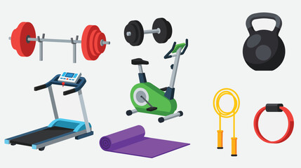 Naklejka premium Gym Equipment Collection - Barbell, Dumbbells, Kettlebell, Treadmill, Bike, and Accessories