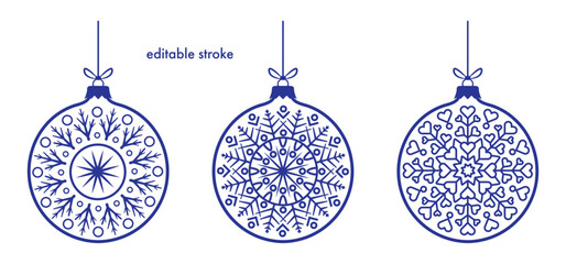 Abstract editable stroke vintage christmas baubles set with snowflake decoration with heart. Balls collection with ice flake to use for christmas card, xmas, winter holiday, new year projects. 