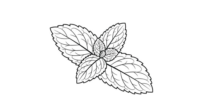 Hand-drawn black and white line art illustration of a fresh mint sprig, showcasing detailed leaves with prominent veins and serrated edges.