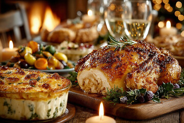 ローストチキンとキャンドルの温かいクリスマスディナー
