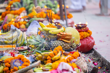 Holy offerings for hindu sun god at chhath festival with fruits. Chhath Puja is a significant Hindu festival primarily observed in the Indian states of Bihar, Jharkhand, Uttar Pradesh and Nepal.