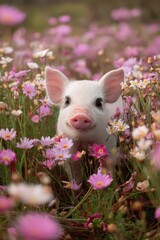 A charming pink-eared piglet gazing directly at the camera amidst cosmos flowers