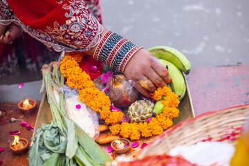 Holy offerings for hindu sun god at chhath festival with fruits. Chhath Puja is a significant Hindu festival primarily observed in the Indian states of Bihar, Jharkhand, Uttar Pradesh and Nepal.