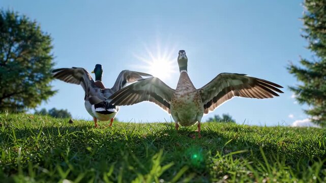 Ducks spreading their wings on the meadow Two ducks spreading their wings on the meadow